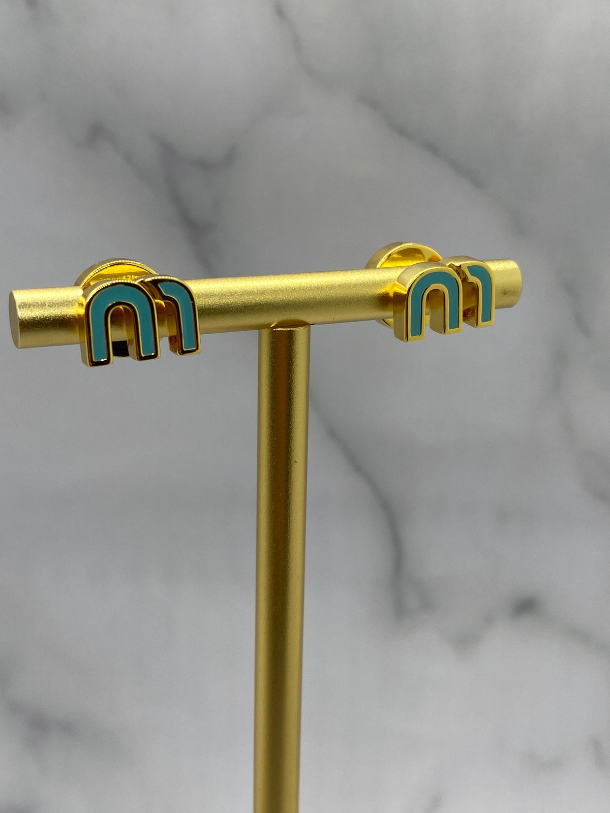 MIU MIU Blue and Gold Monogram Earrings - Pre owned