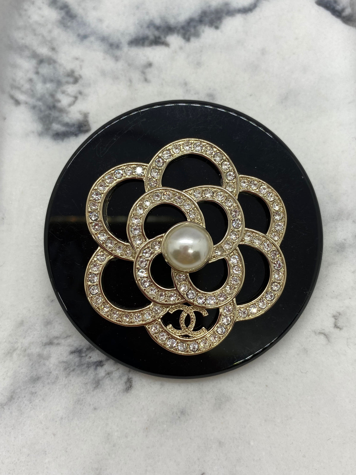 Auth CHANEL CC Black Acrylic Camelia Brooch Pin - USED