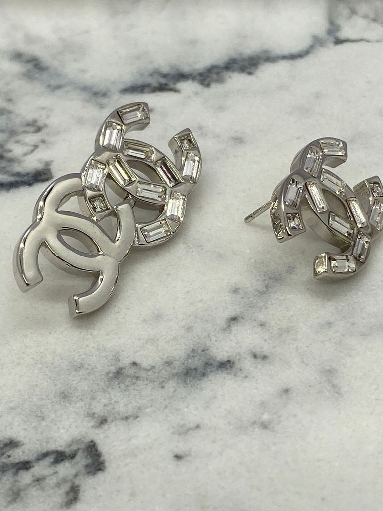 CHANEL CC Silver Tone Rhinestone Duo Earrings - Pre owned