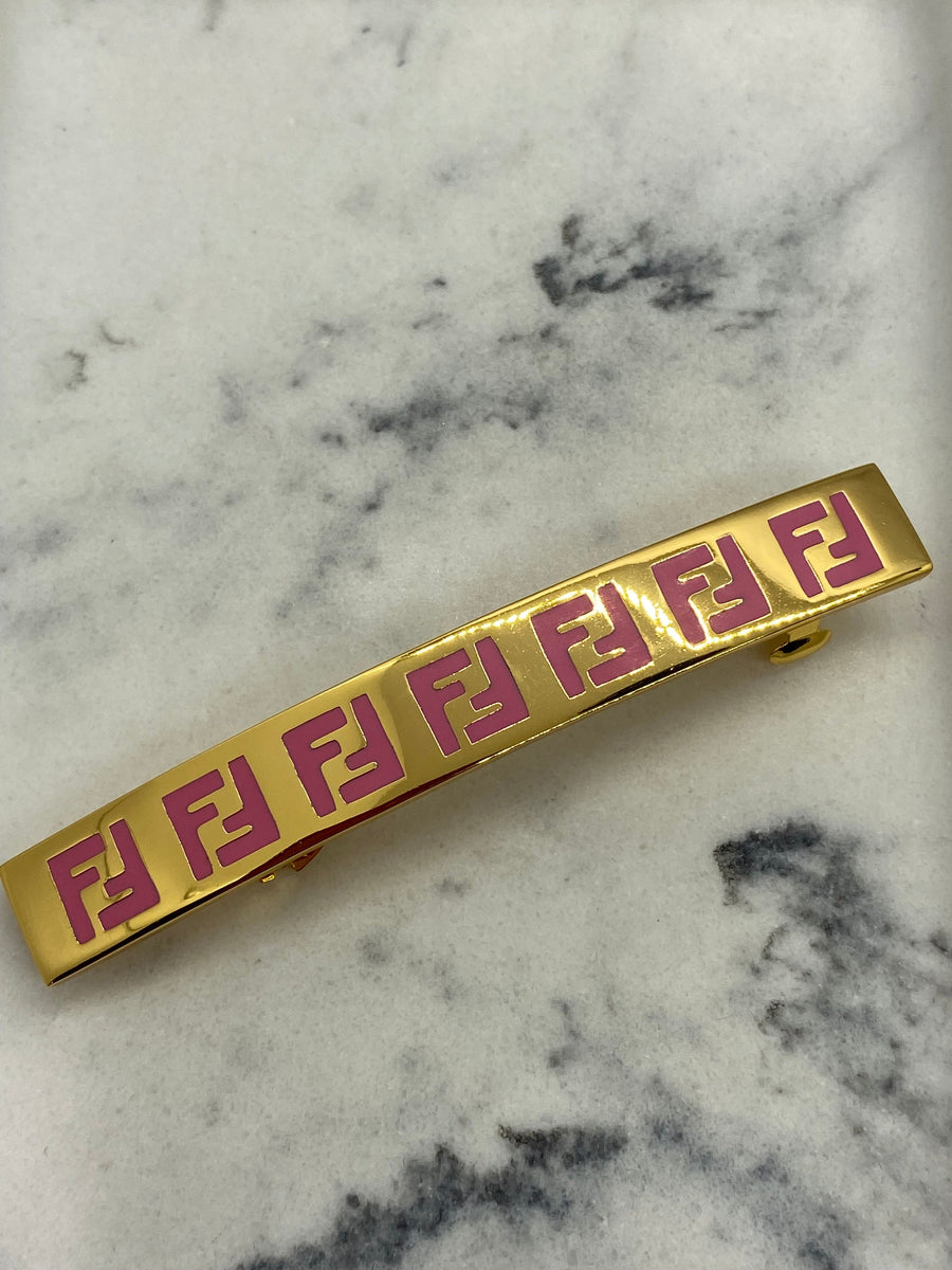 FENDI FF Gold Tone Pink Hair Clip Barrette - Pre owned