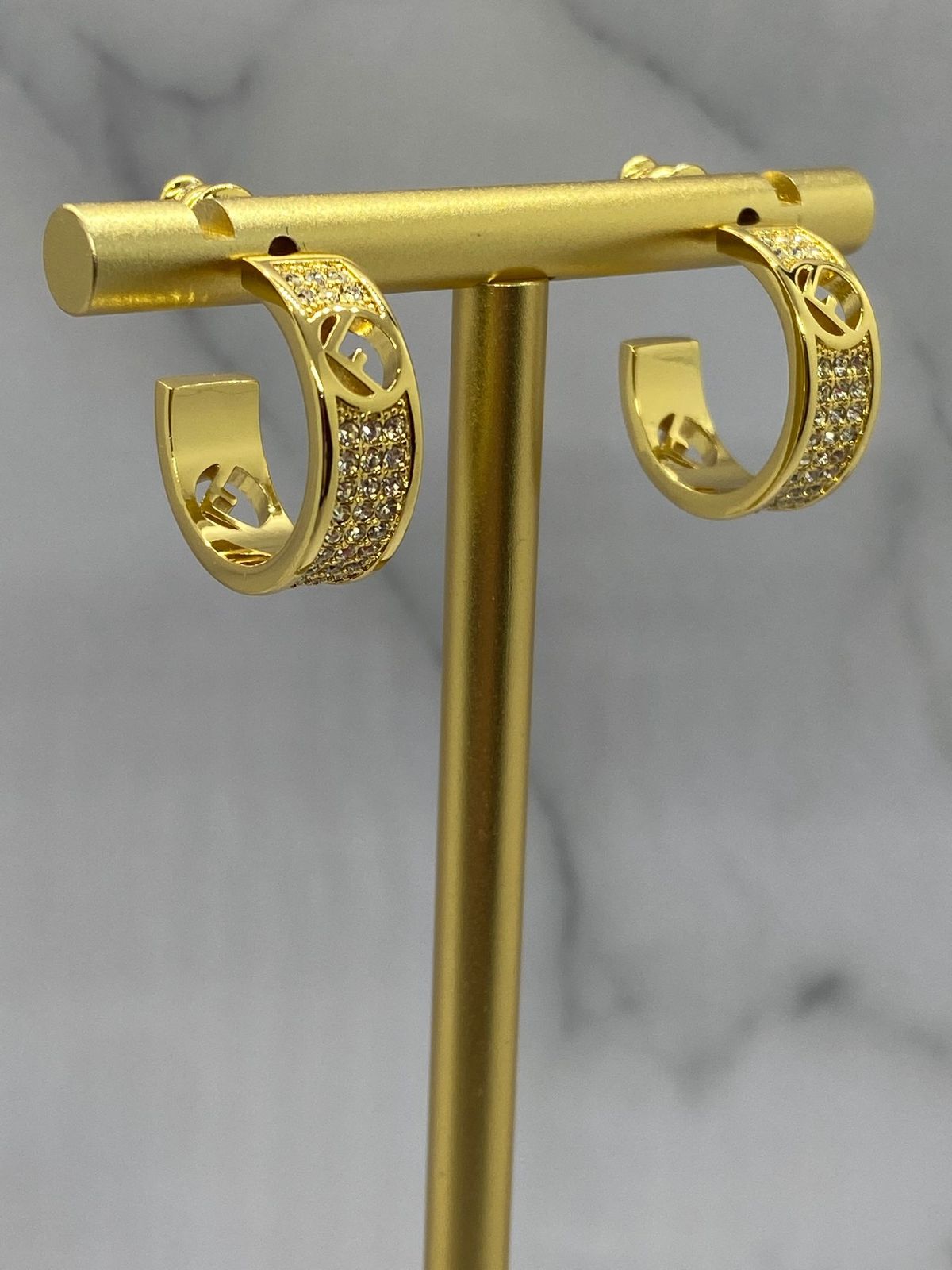 FENDI F Gold Tone Rhinestone Hoop Earrings - Pre owned
