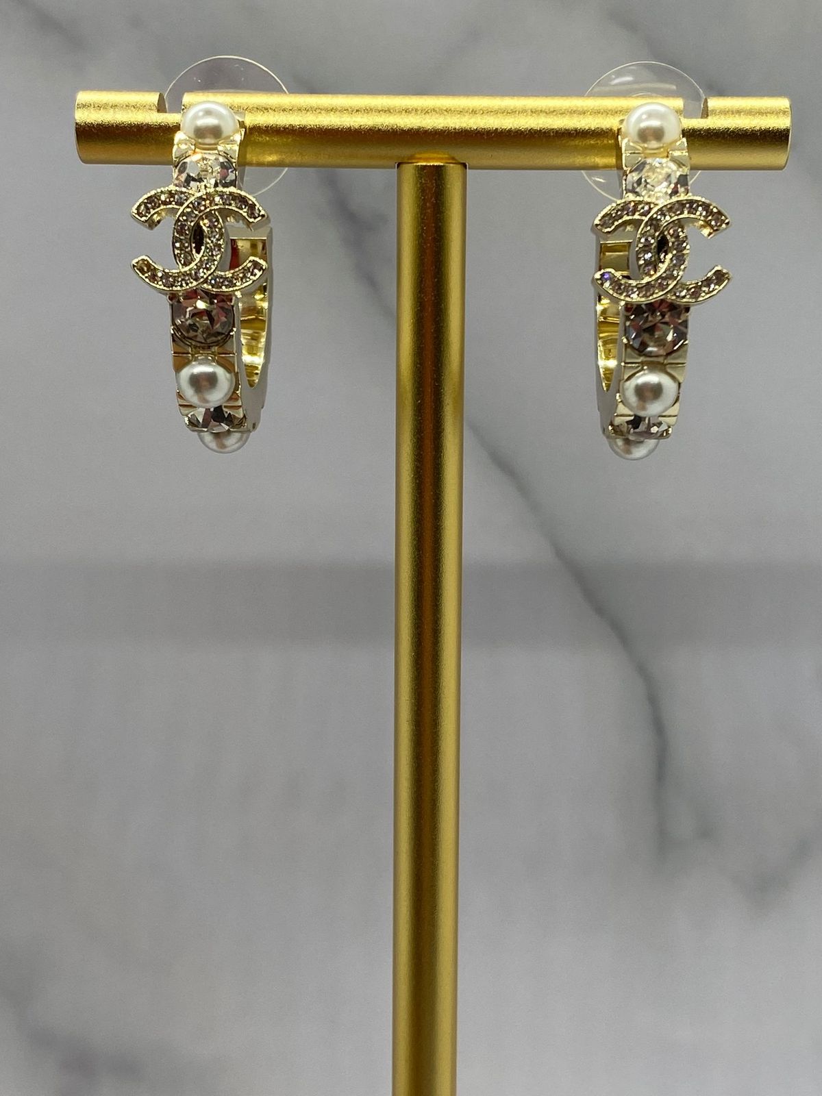 CHANEL CC Gold Tone Rhinestone Hoop Earrings - Pre owned