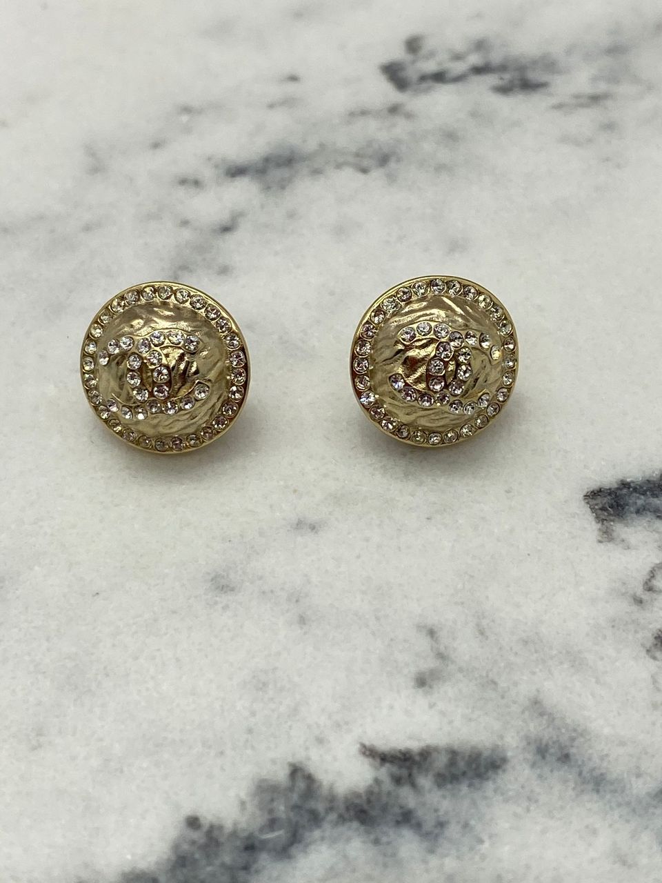 CHANEL CC Gold Tone Rhinestone Button Earrings - Pre owned