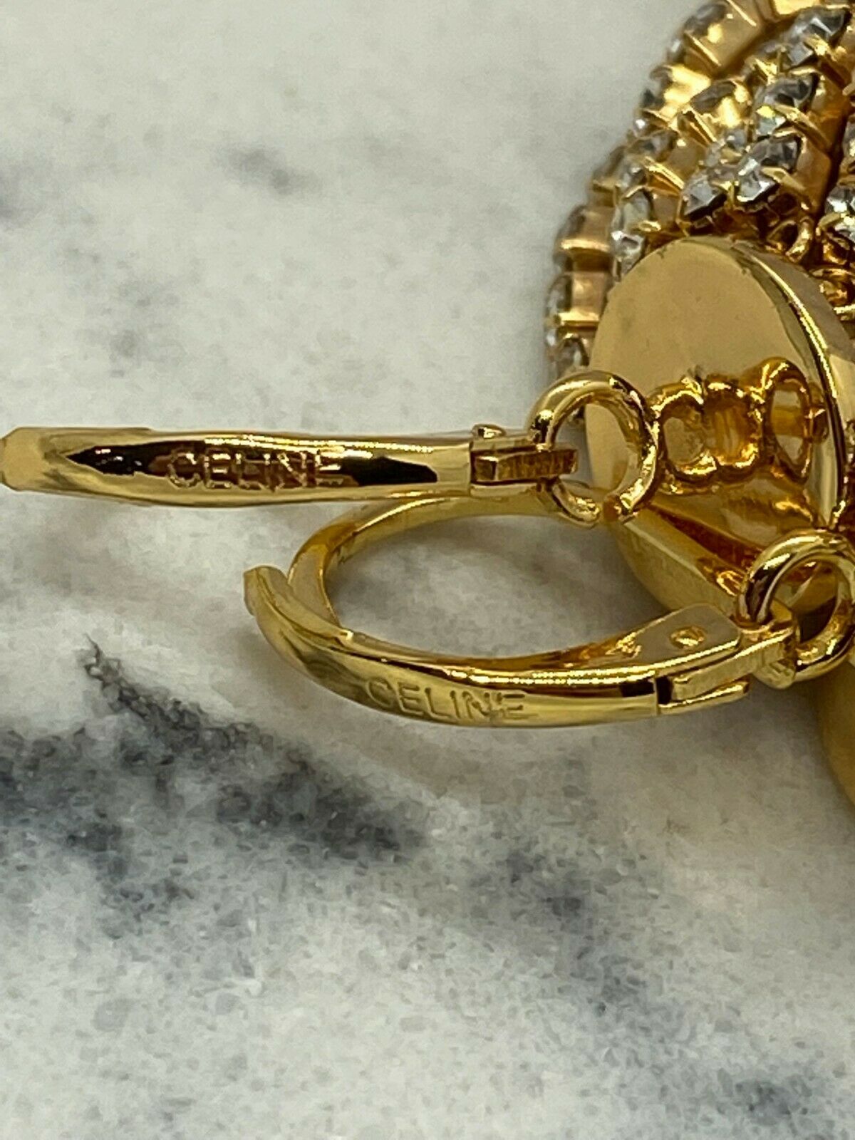 CELINE Gold Tone Rhinestone Chandelier Pendant Earrings - Pre owned