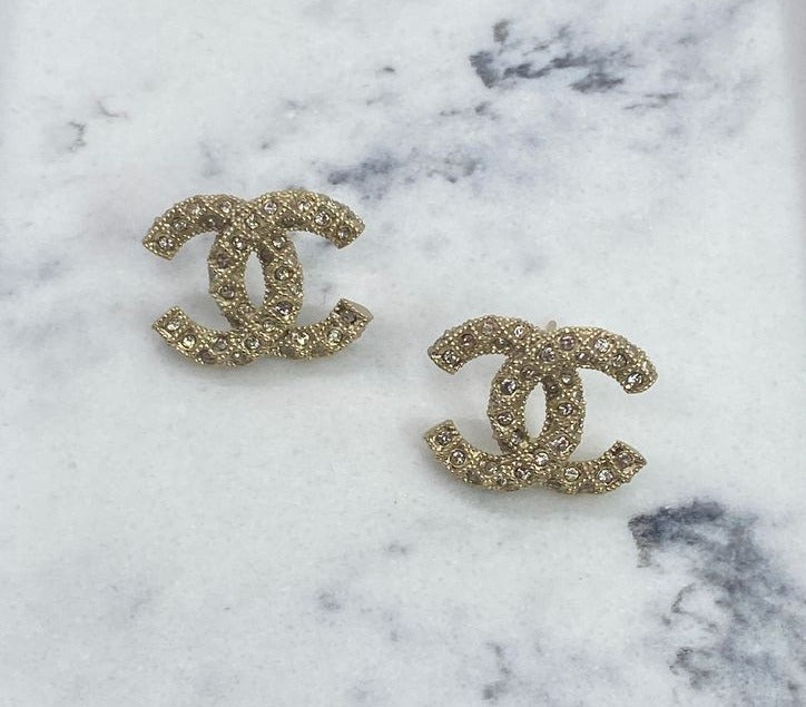 CHANEL CC Gold Tone Rhinestone Earrings - Pre owned