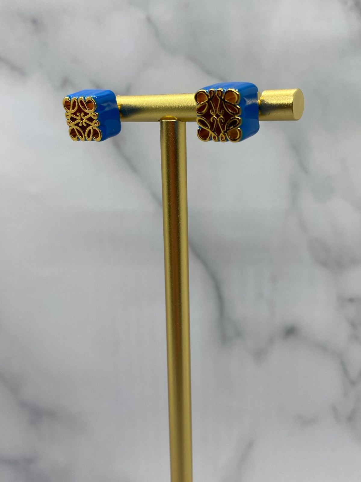 LOEWE Gold Tone & Blue Enamel Monogram Earrings - Pre owned