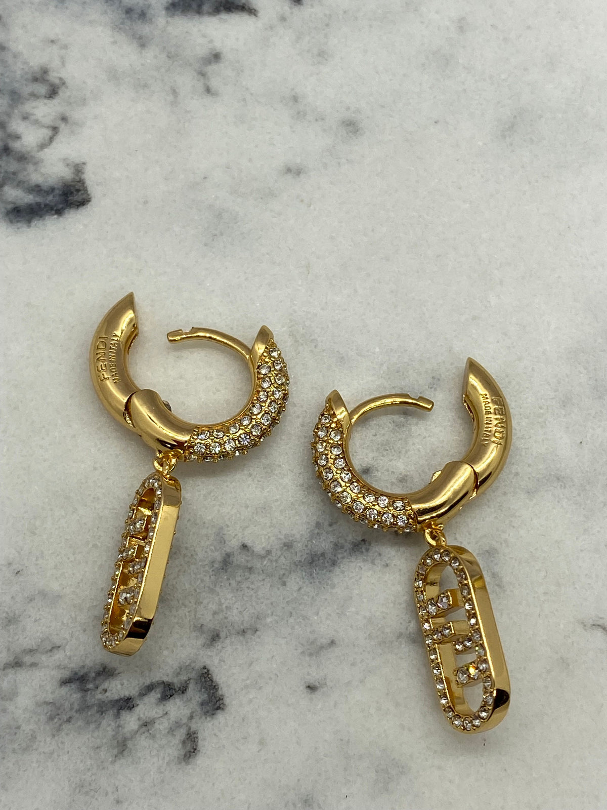FENDI F Gold Tone Rhinestone Pendant Earrings - Pre owned