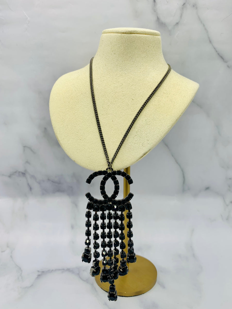 CHANEL CC Black Rhinestone Statement Necklace - USED