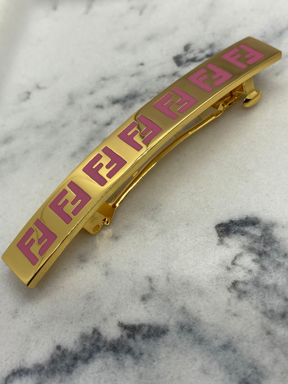 FENDI FF Gold Tone Pink Hair Clip Barrette - Pre owned
