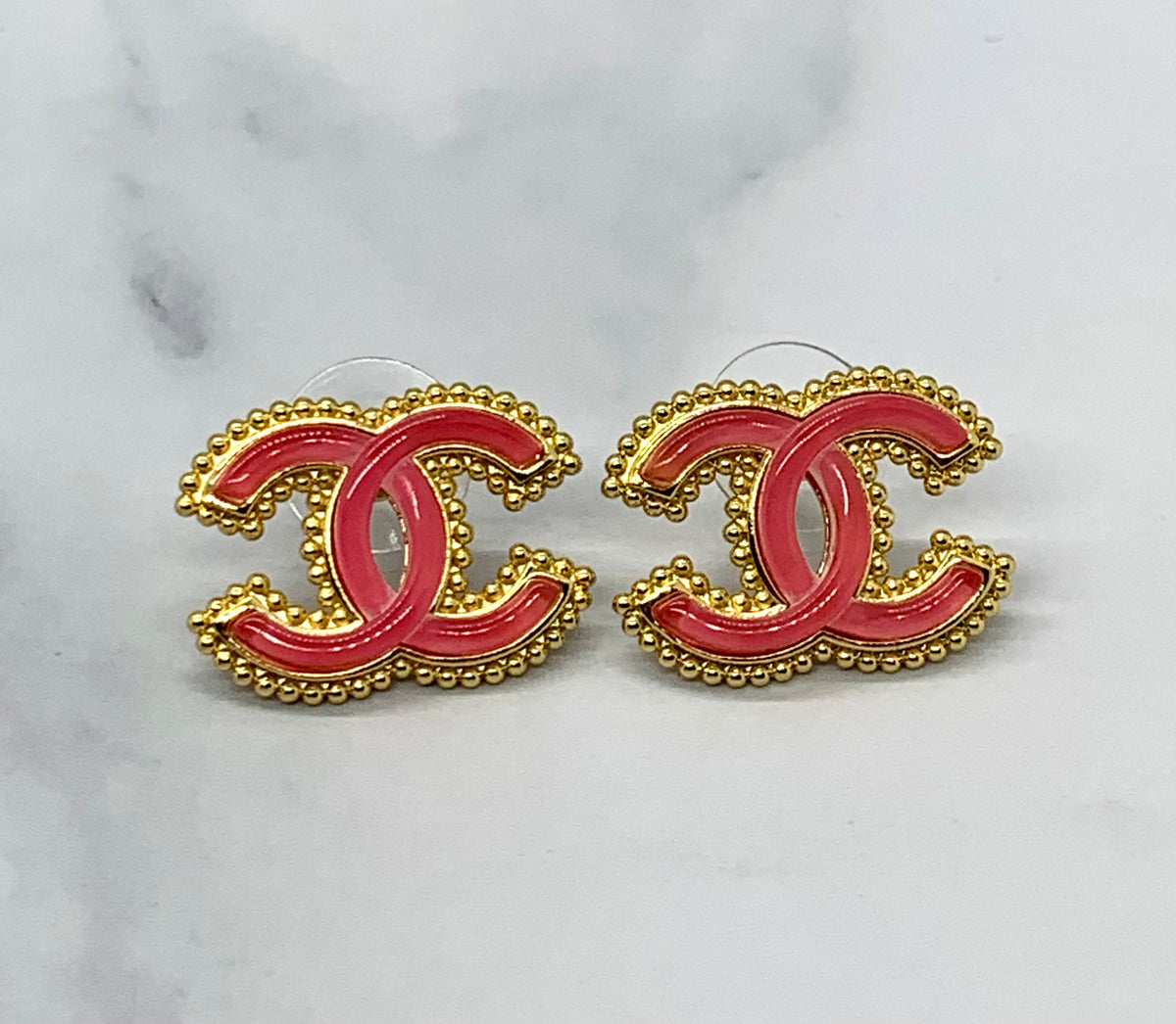 CHANEL CC Gold Tone Pink Stud Earrings - Pre owned