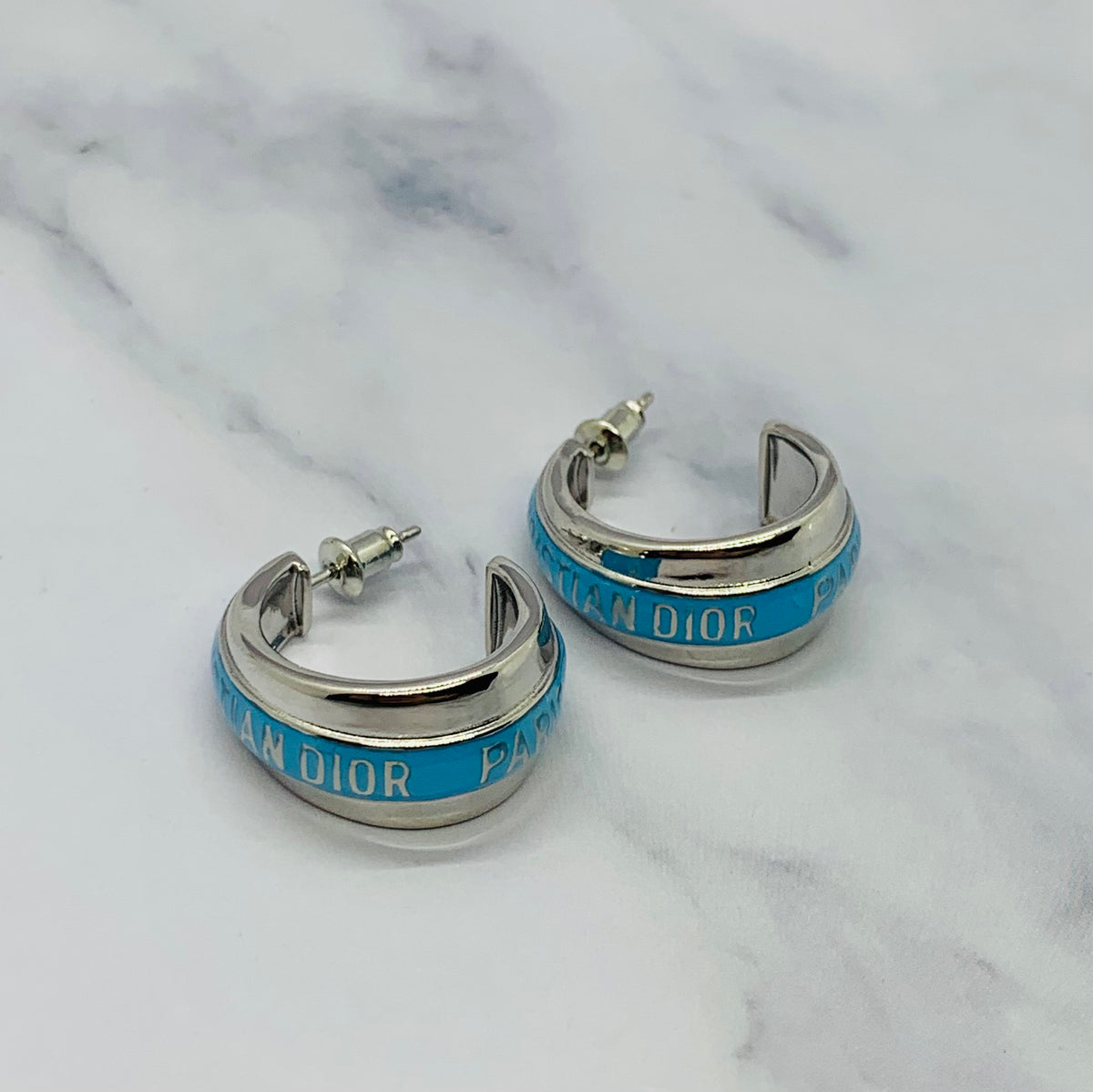 CHRISTIAN DIOR Teal Strip Hoop Earrings - USED
