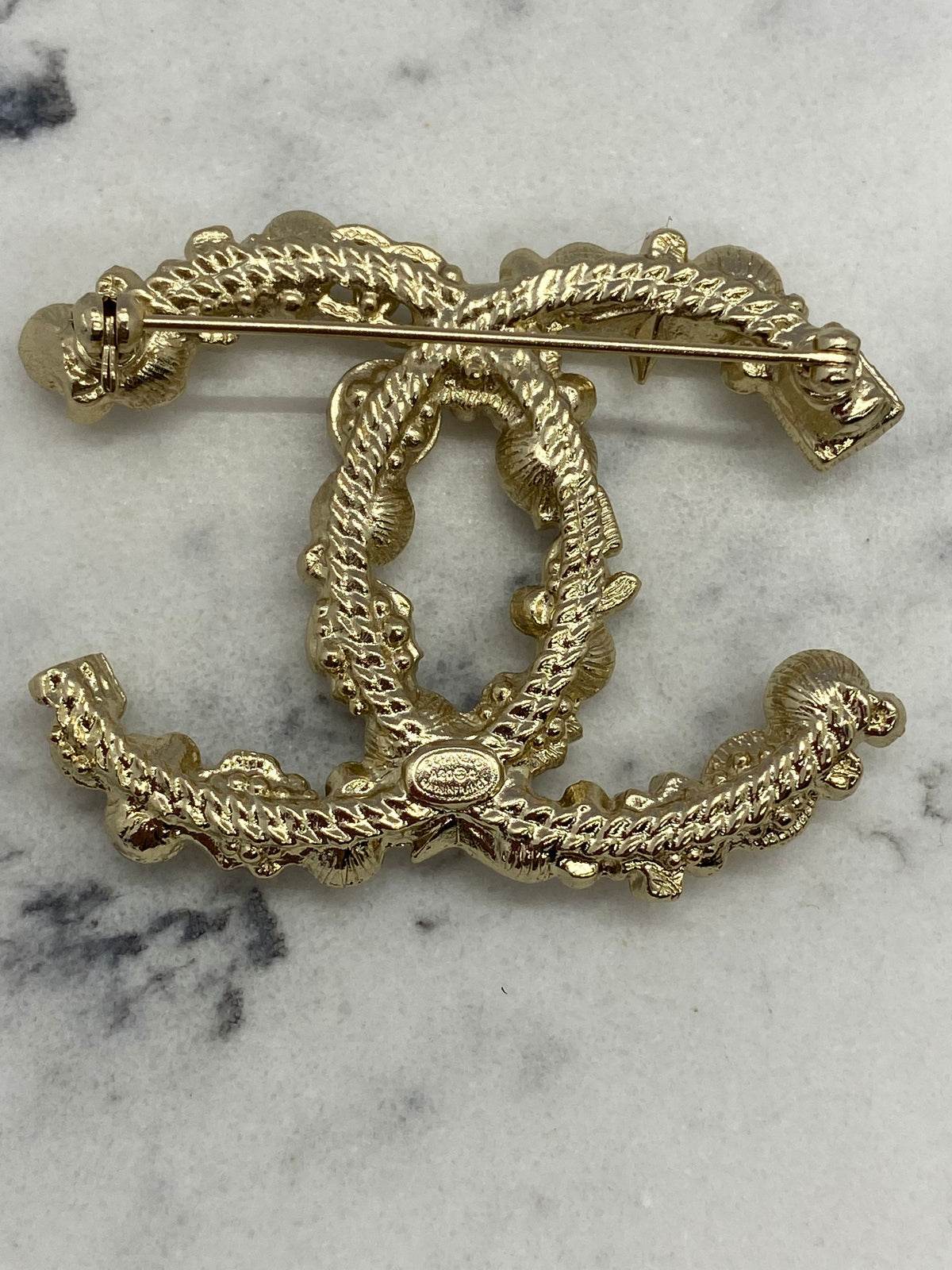 CHANEL CC Gold Tone Pearl Trim Brooch Pin - USED