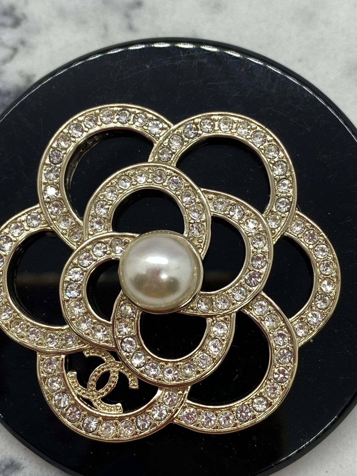 Auth CHANEL CC Black Acrylic Camelia Brooch Pin - USED