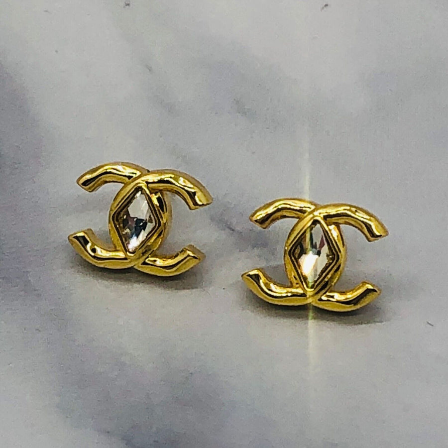 HANEL CC Gold Tone Rhinestone Stud Earrings - Pre owned
