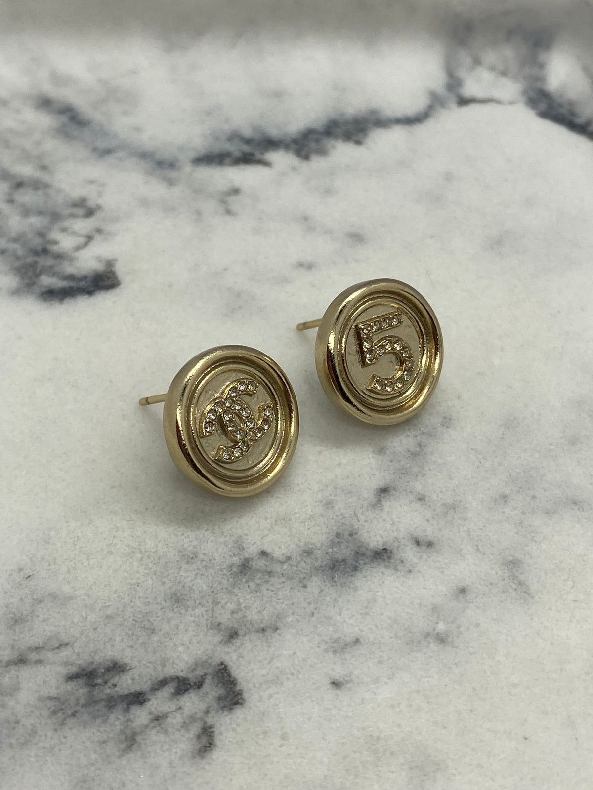 CHANEL CC 5 Gold Tone Rhinestone Button Earrings - USED