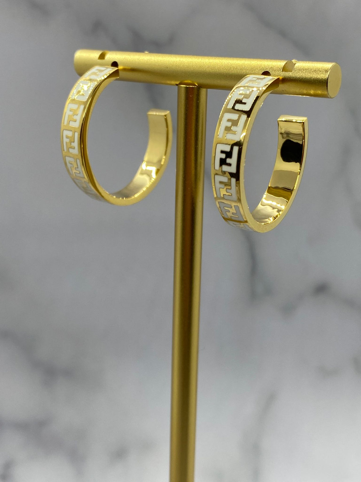 FENDI F Gold Tone White Hoop Earrings - Pre owned