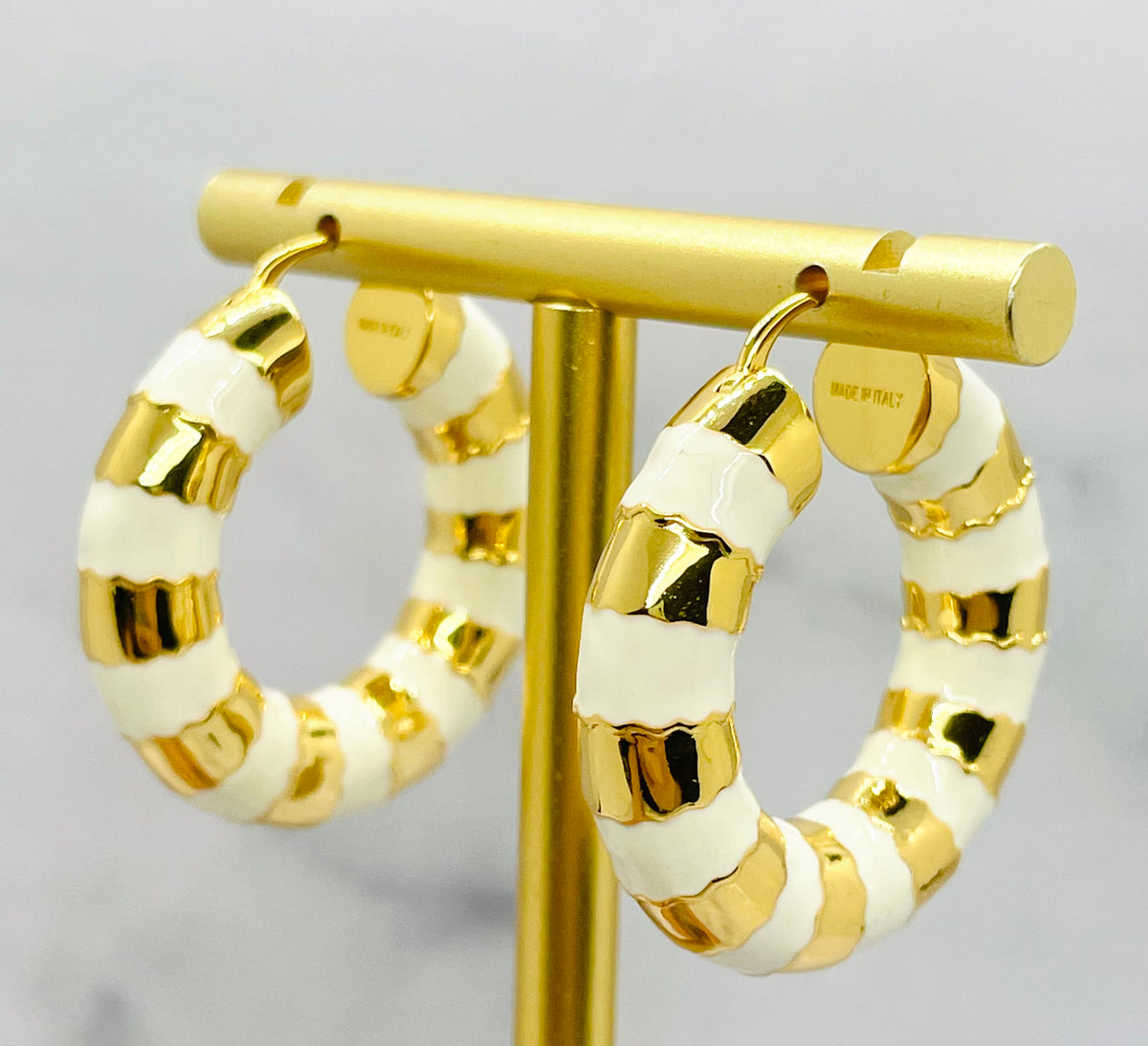 CELINE Paris Enamel White & Gold Hoop Earrings - Pre owned