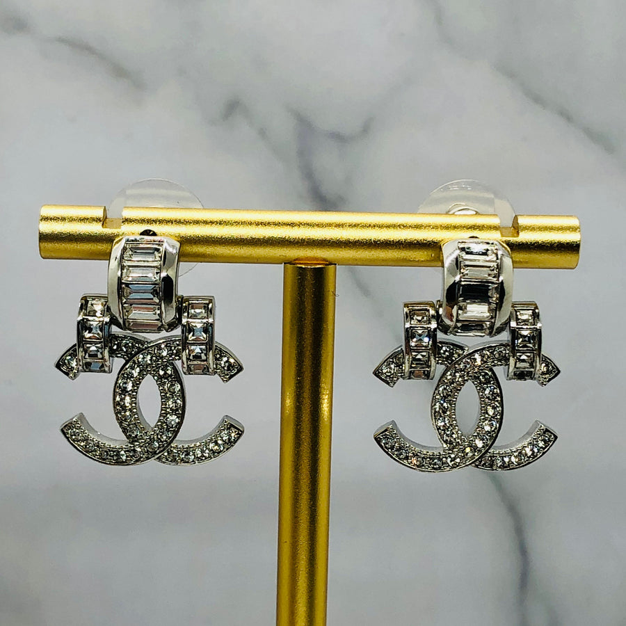 CHANEL CC Silver Tone Rhinestone Earrings - USED