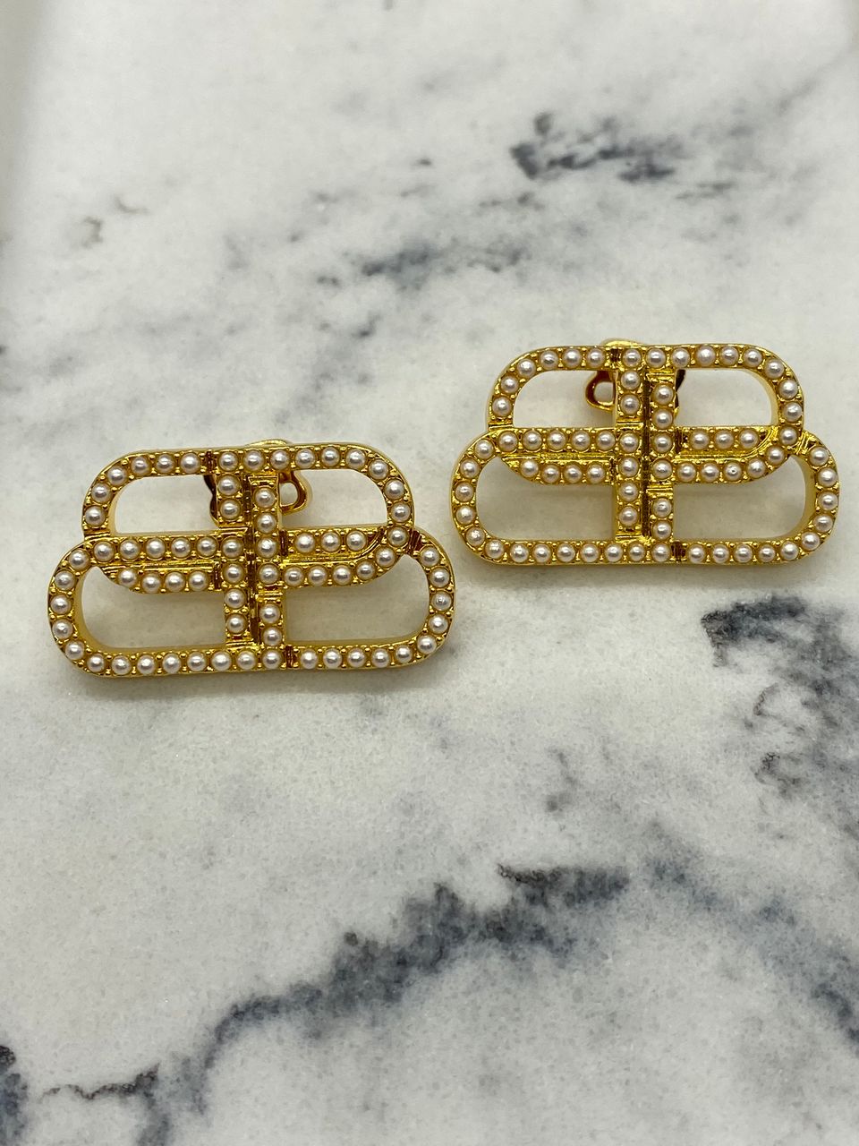BALENCIAGA BB Gold Tone Pearl Trim Earrings - Pre owned