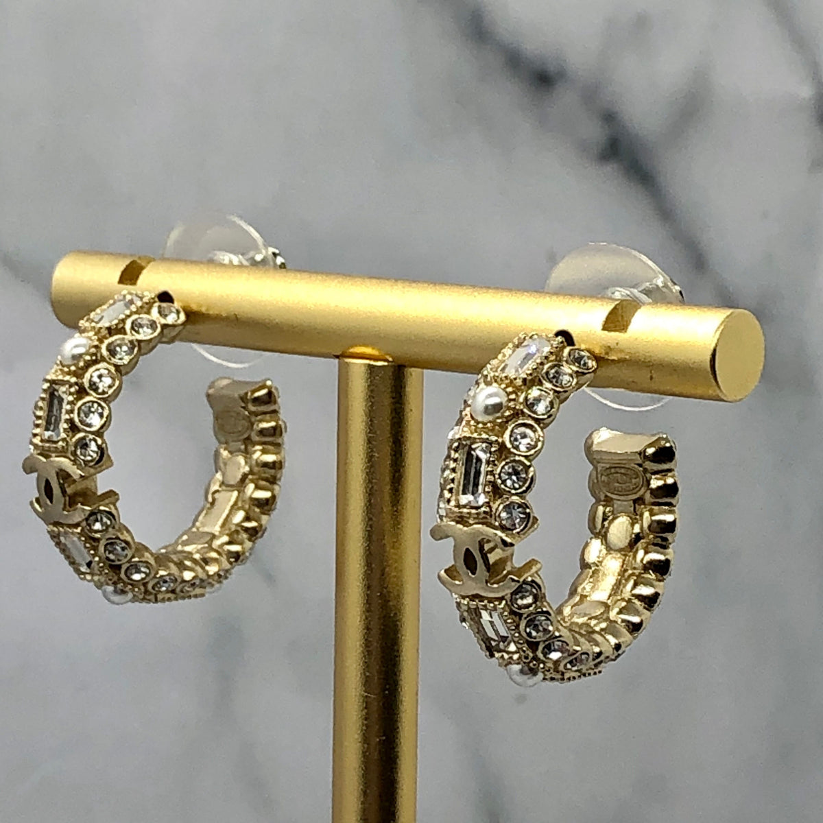 CHANEL CC Gold Tone Rhinestone Hoop Earrings - Pre owned