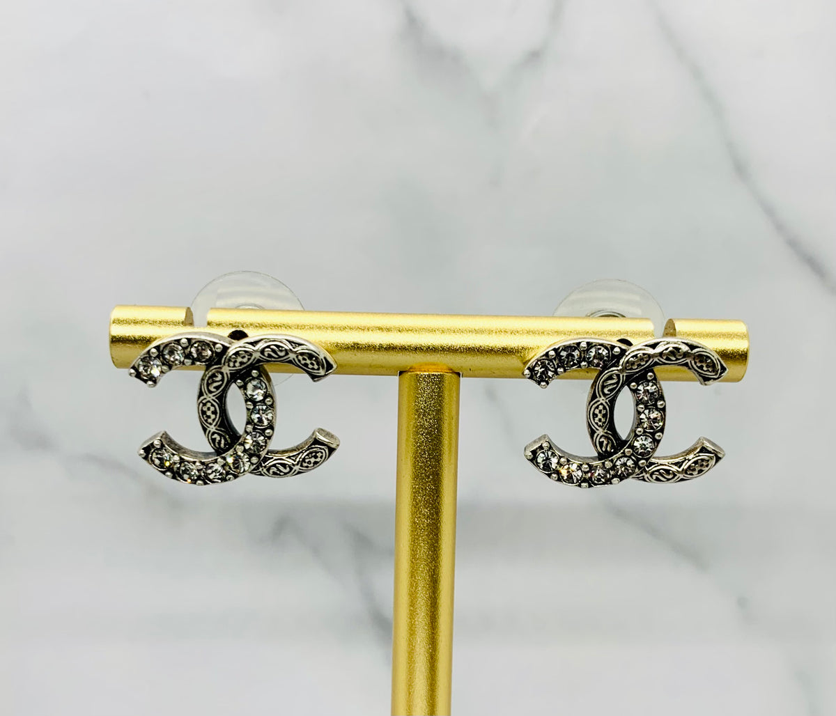 CHANEL CC Dark Silver Rhinestone Earrings - USED