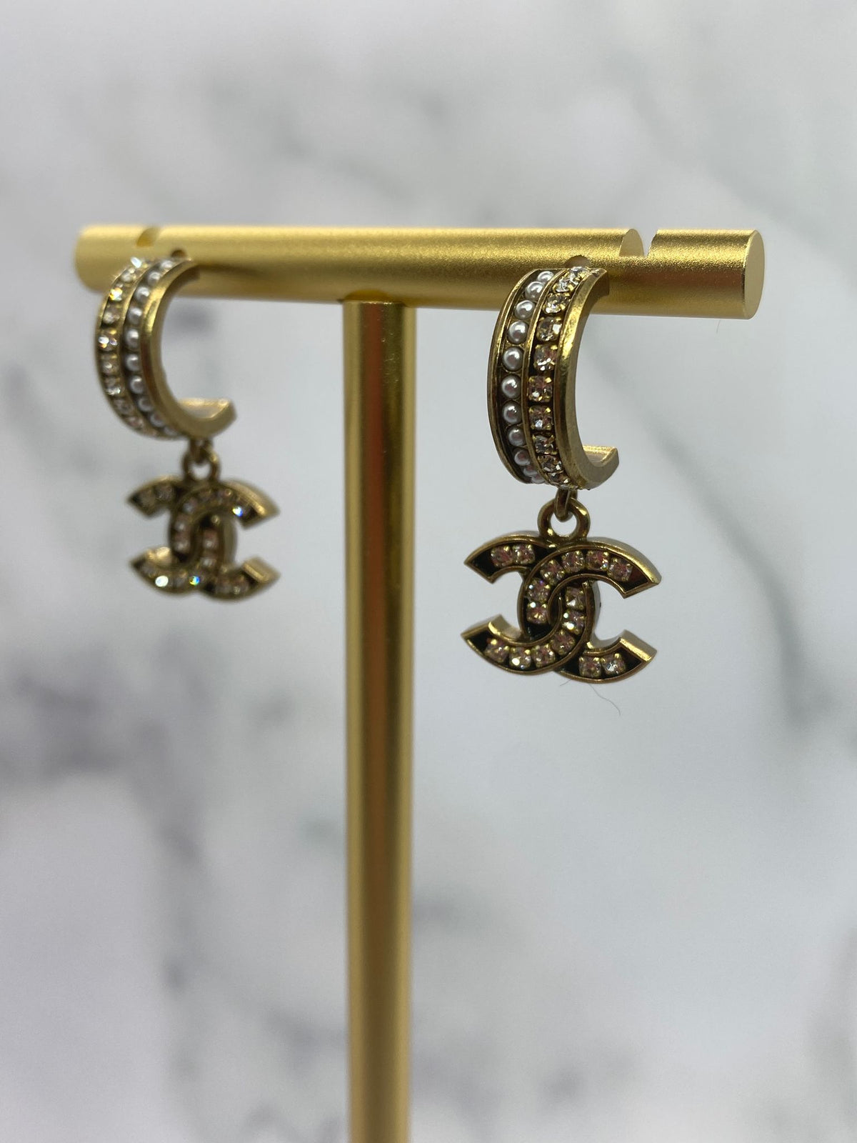 CHANEL CC Brass Tone Rhinestone Earrings - Pre owned