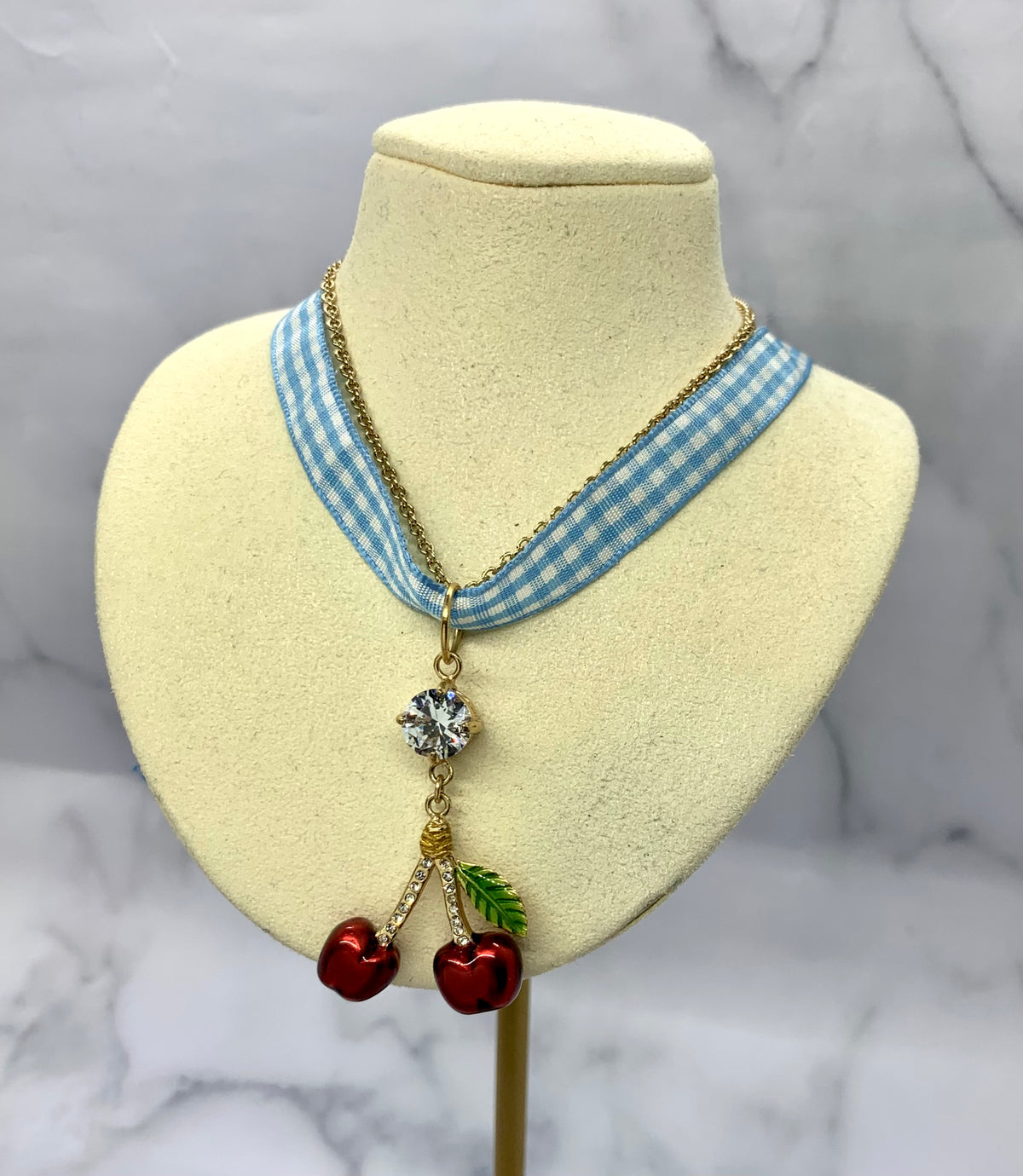 MIU MIU Cherry and Removable Gingham Necklace - Pre owned