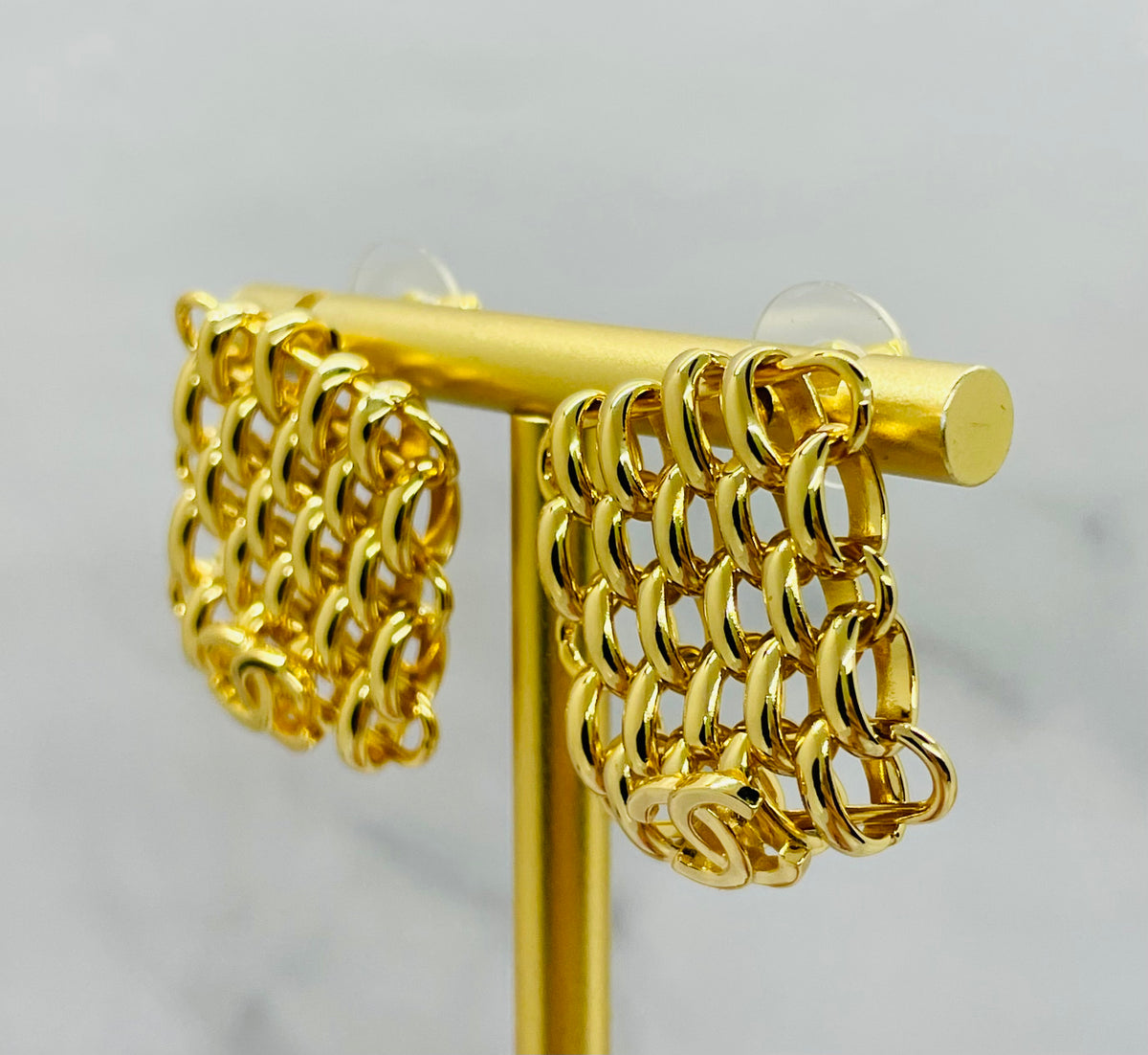 CHANEL CC Gold Tone Chainmail Earrings - Pre owned