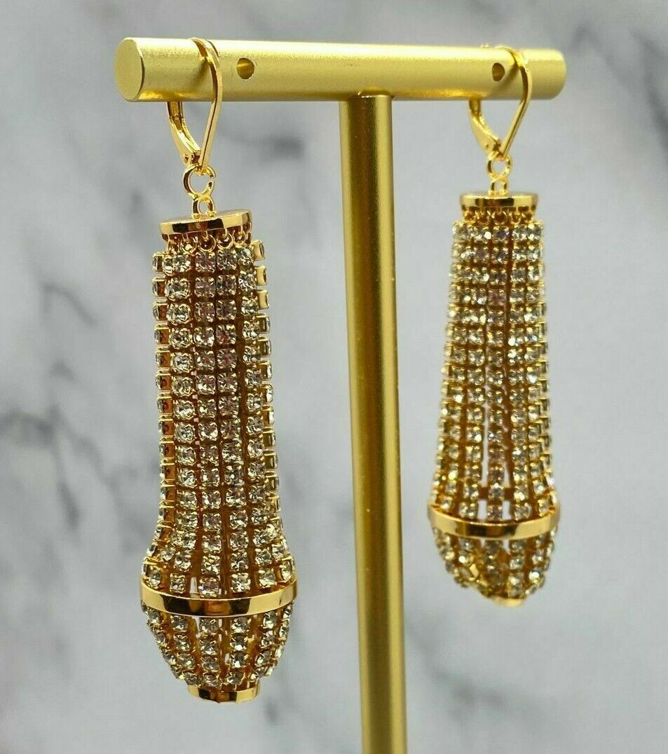 CELINE Gold Tone Rhinestone Chandelier Pendant Earrings - Pre owned