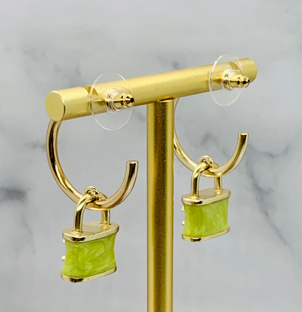 CHANEL CC Green Lock Pendant Hoop Earrings - USED