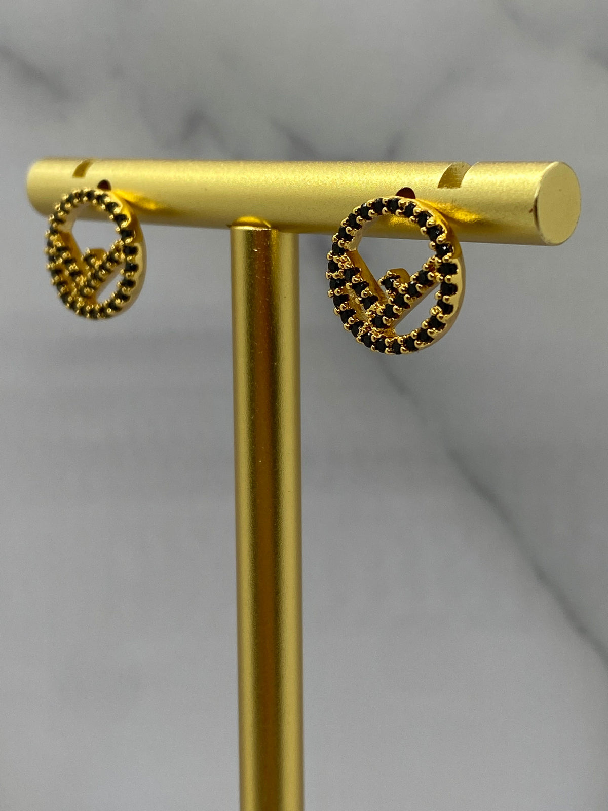 FENDI F Gold Tone Black Rhinestone Small Earrings - Pre owned
