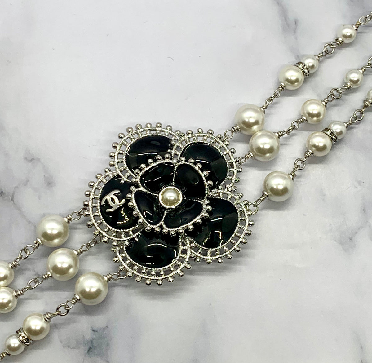 CHANEL CC Camelia Rhinestone Choker Necklace - USED