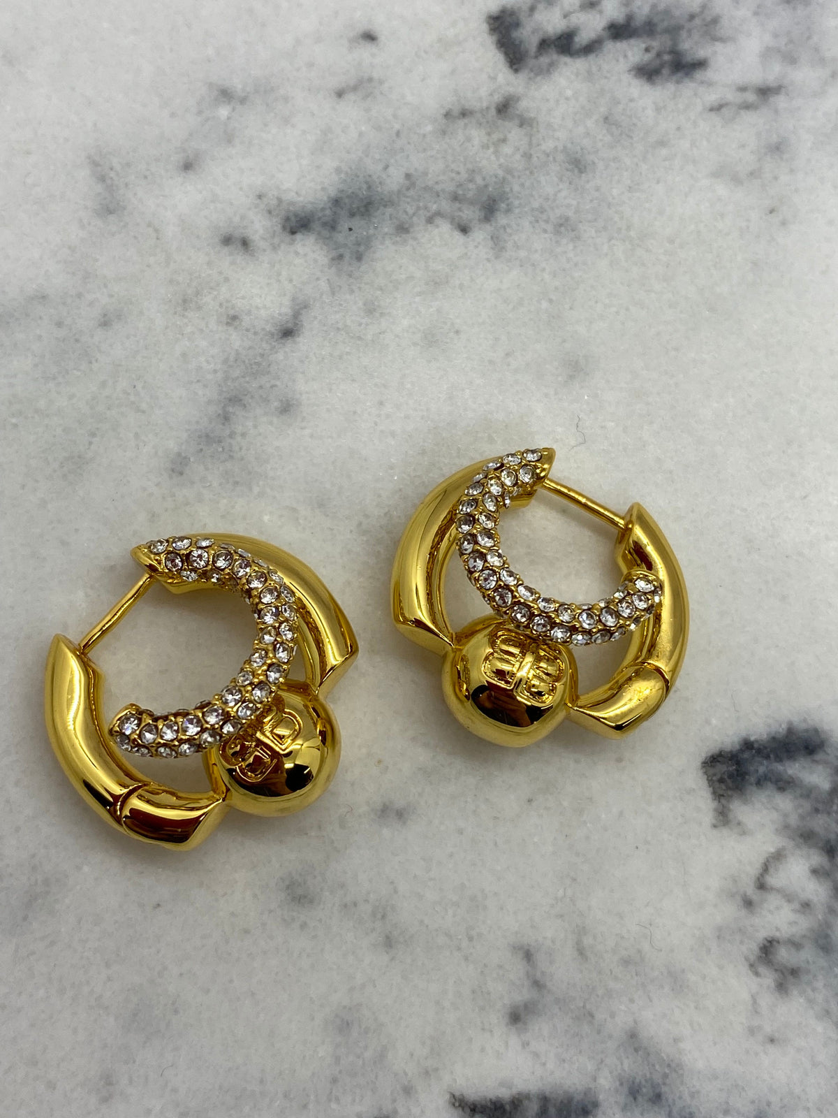 BALENCIAGA Gold Tone Rhinestone Hoop Earrings - Pre owned