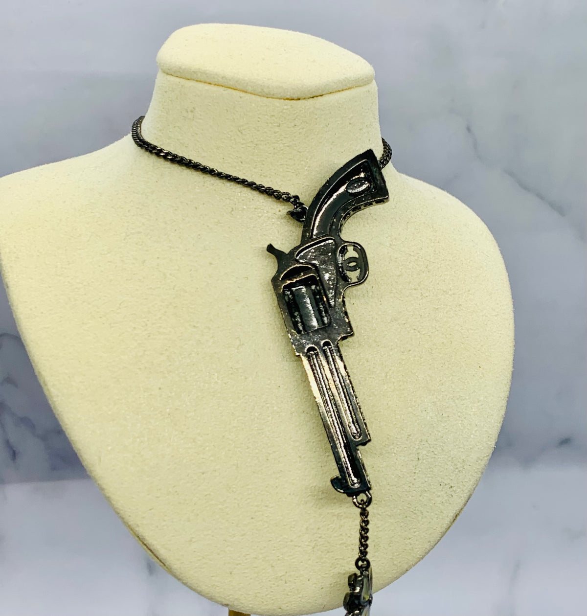 CHANEL CC Rare Black Rhinestone Gun Pendant Necklace - Pre owned