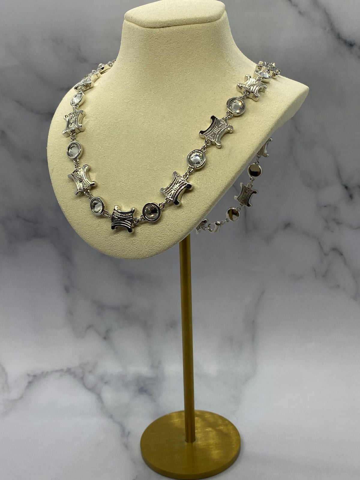 CELINE Silver Tone Monogram Rhinestone Necklace - Pre owned