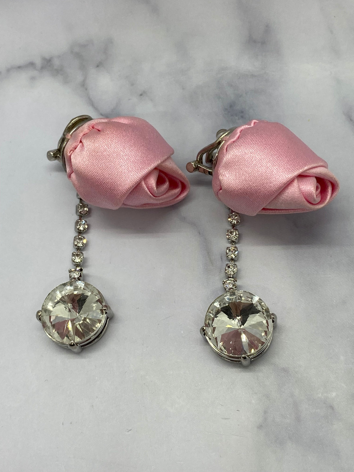 MIU MIU Pink Silk Rose & Rhinestones Clip On Earrings - Pre owned
