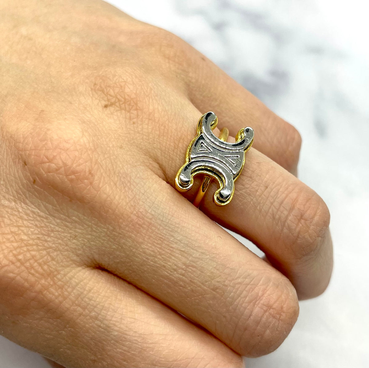 CELINE Monogram Silver & Gold Tone Ring size 7 M - Pre owned