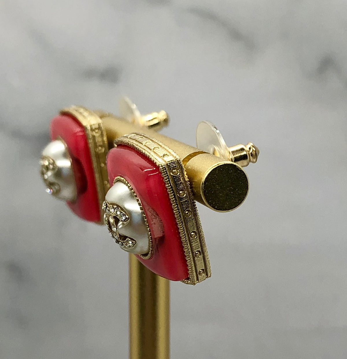 CHANEL CC Red Rhinestone Square Earrings - USED