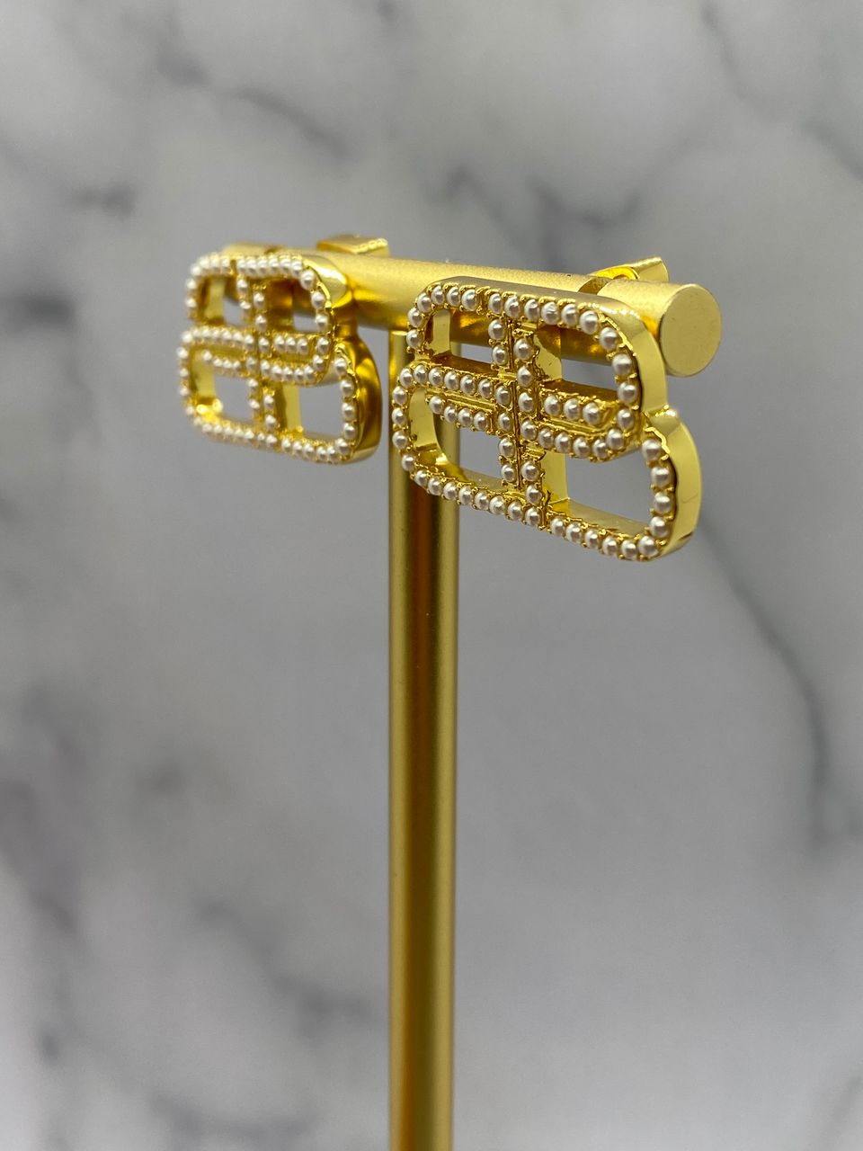 BALENCIAGA BB Gold Tone Pearl Trim Earrings - Pre owned