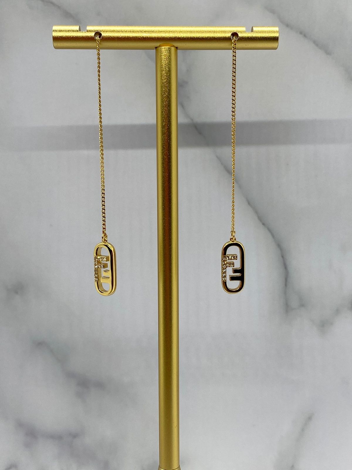 FENDI F Gold Tone Rhinestone Threaded Earrings - Pre owned