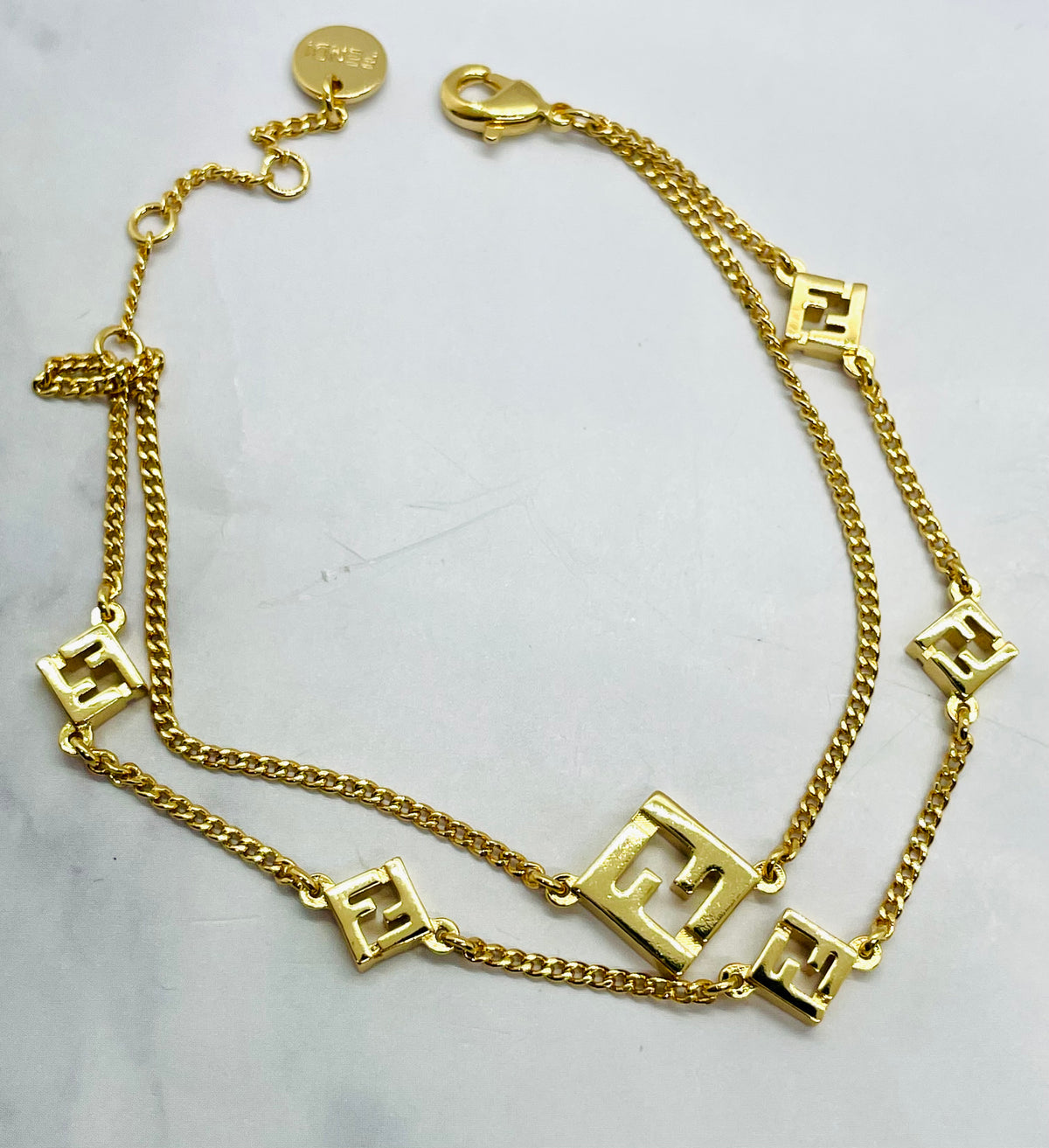 FENDI F Gold Tone Double Chain Charm Bracelet - Pre owned