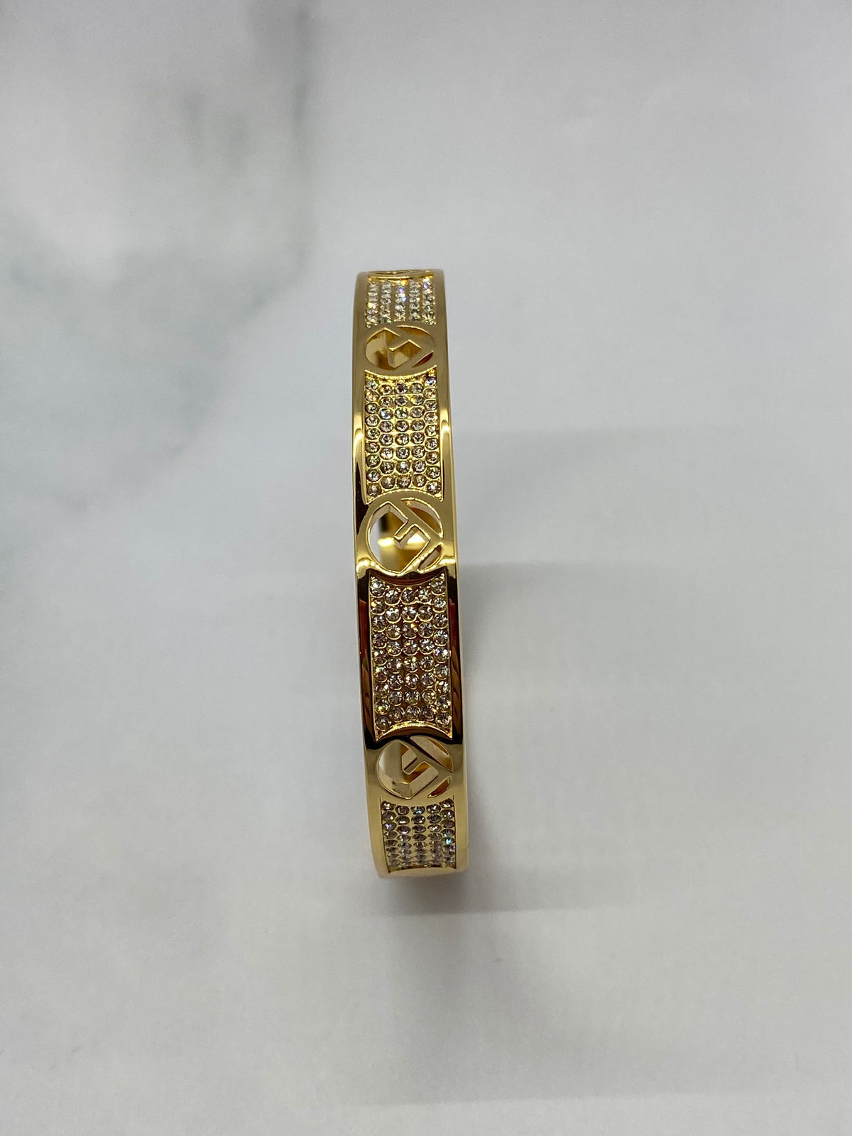 FENDI F Gold Tone Rhinestone Bangle Cuff Bracelet - Pre owned