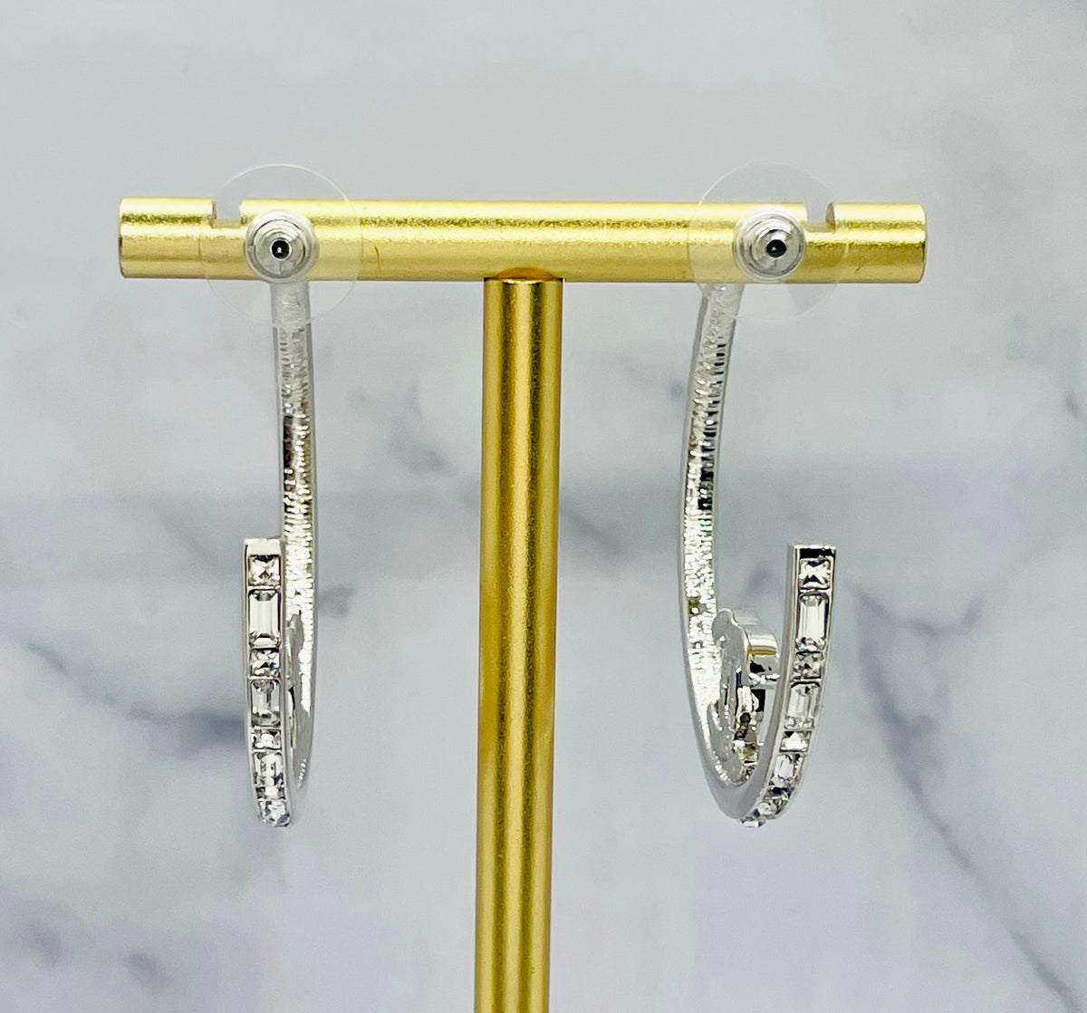 CHANEL CC Silver Tone Rhinestone Hoop Earrings - USED