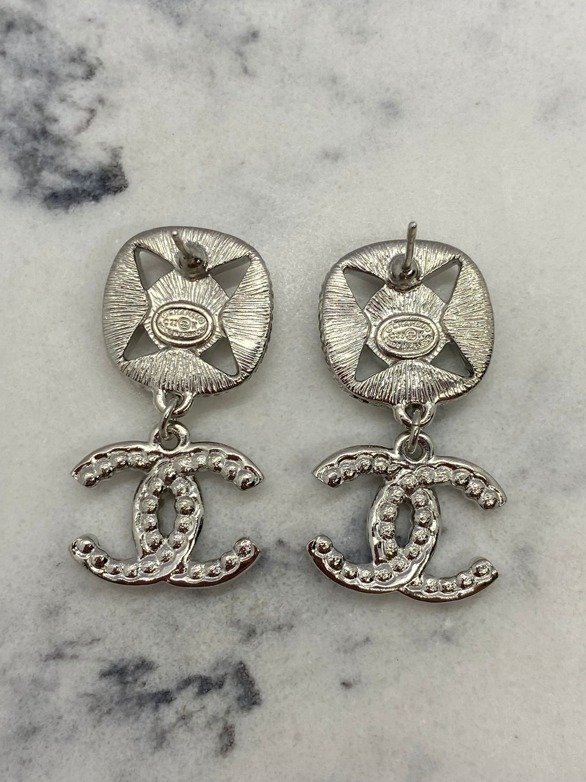 CHANEL CC Silver Tone Pendant Earrings - USED
