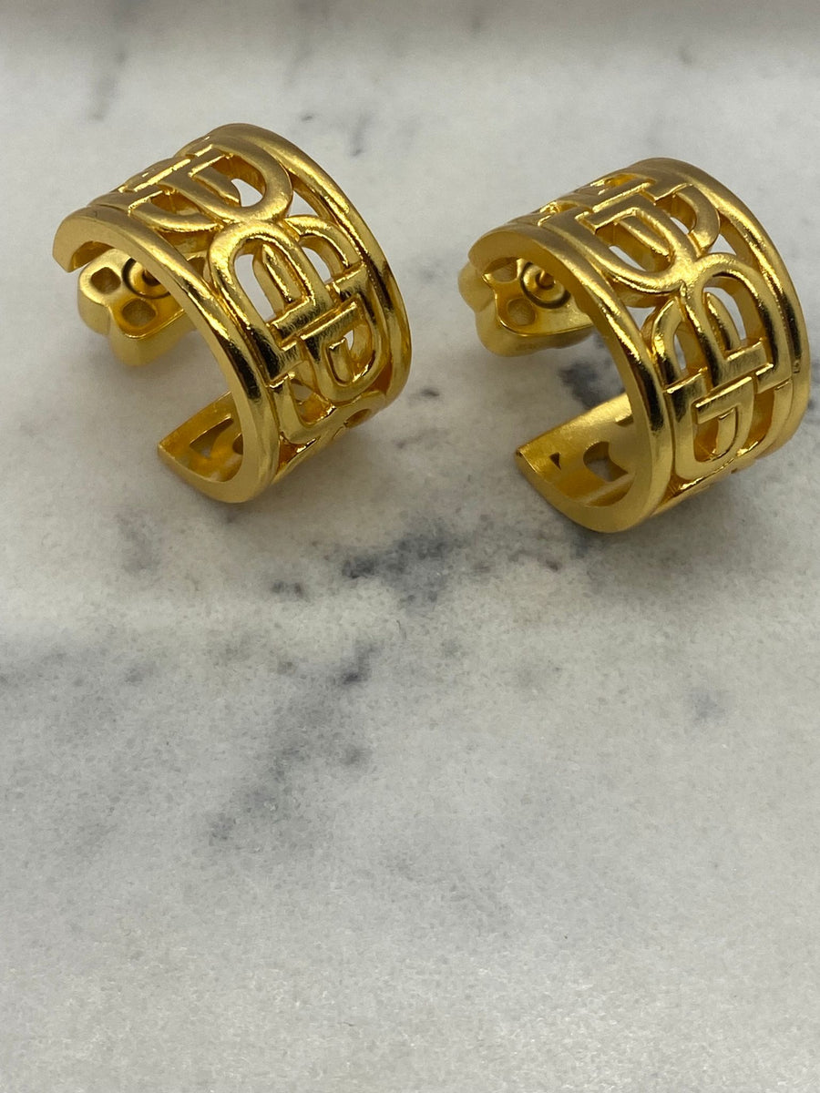 BALENCIAGA BB Gold Tone Hoop Earrings - Pre owned