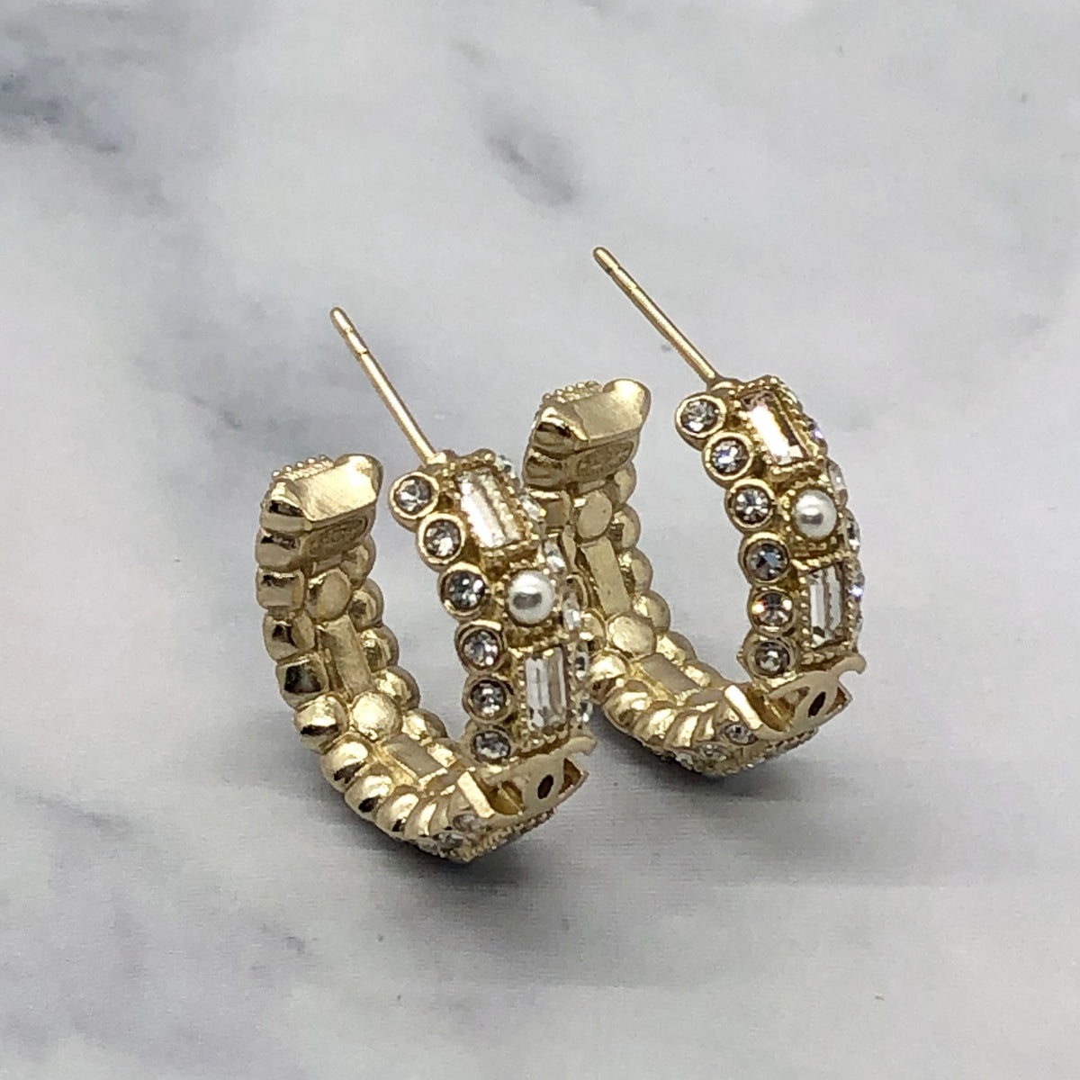 CHANEL CC Gold Tone Rhinestone Hoop Earrings - Pre owned