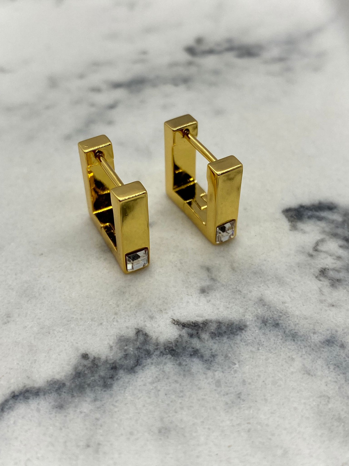 CELINE Gold Tone Square Rhinestone Hoop Earrings - Pre owned