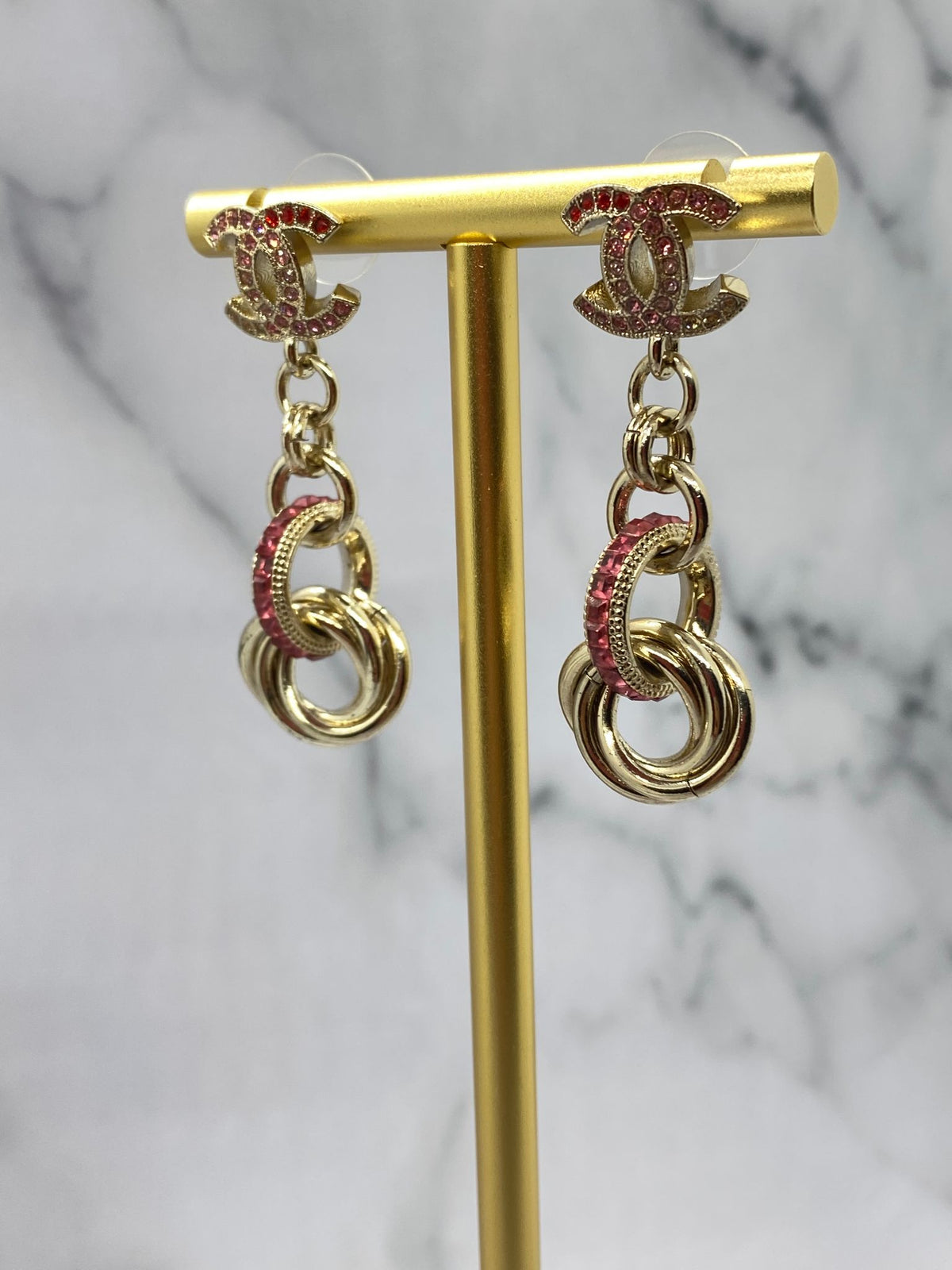 CHANEL Pink Rhinestone Pendant Earrings - USED