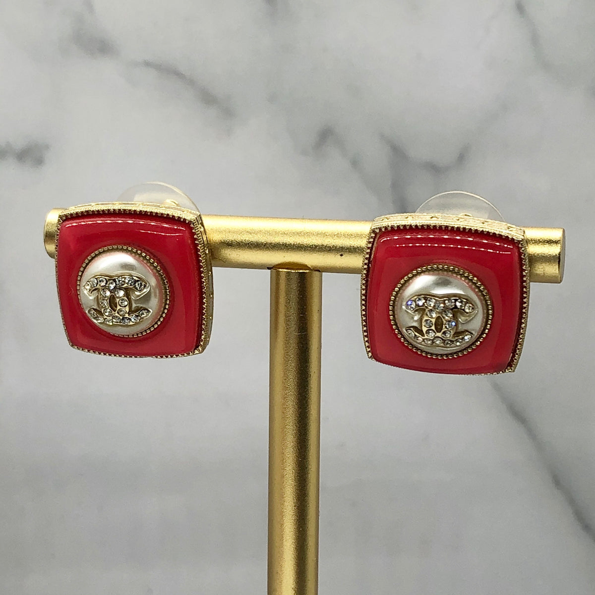 CHANEL CC Red Rhinestone Square Earrings - USED