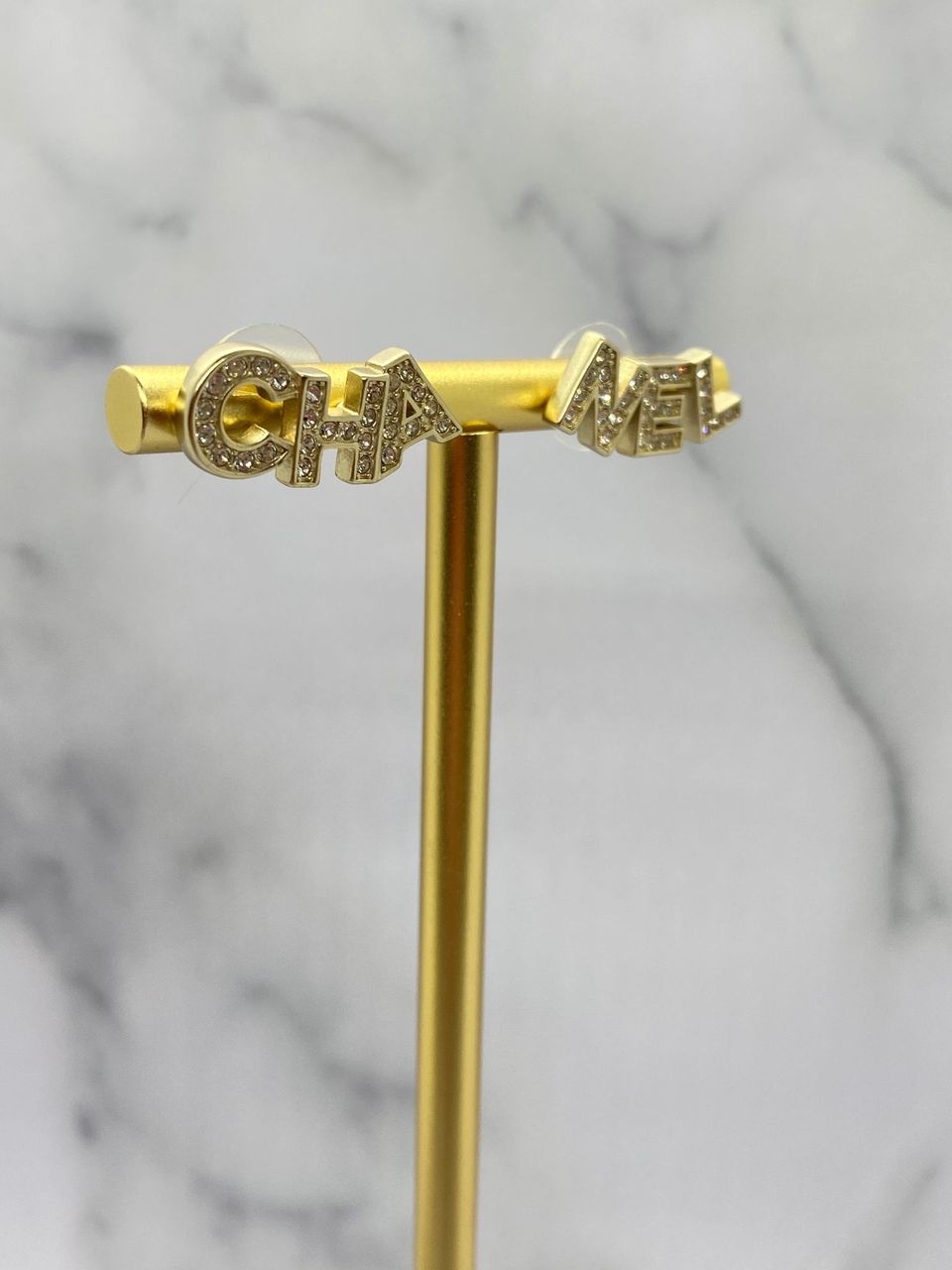 CHANEL CC Gold Tone Rhinestone Block Earrings  - Pre owned
